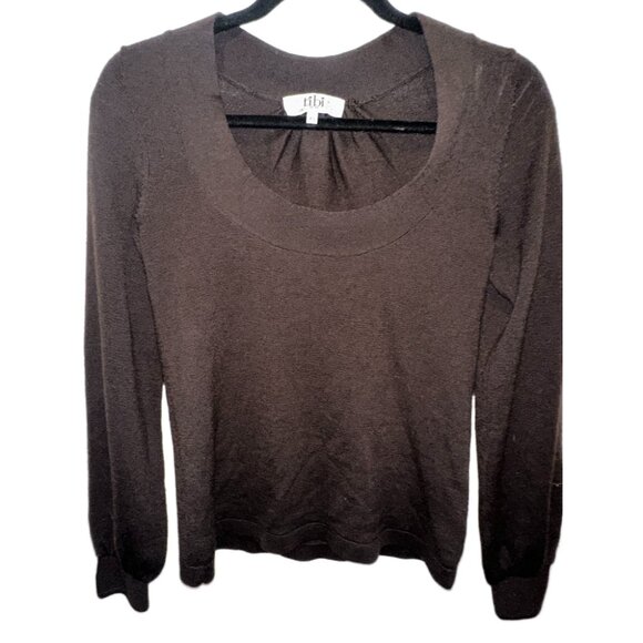 Dark Brown Wide Scoop Neck Sweater | Tibi Fine Knit Long Sleeve Pullover Minimal - Picture 1 of 5